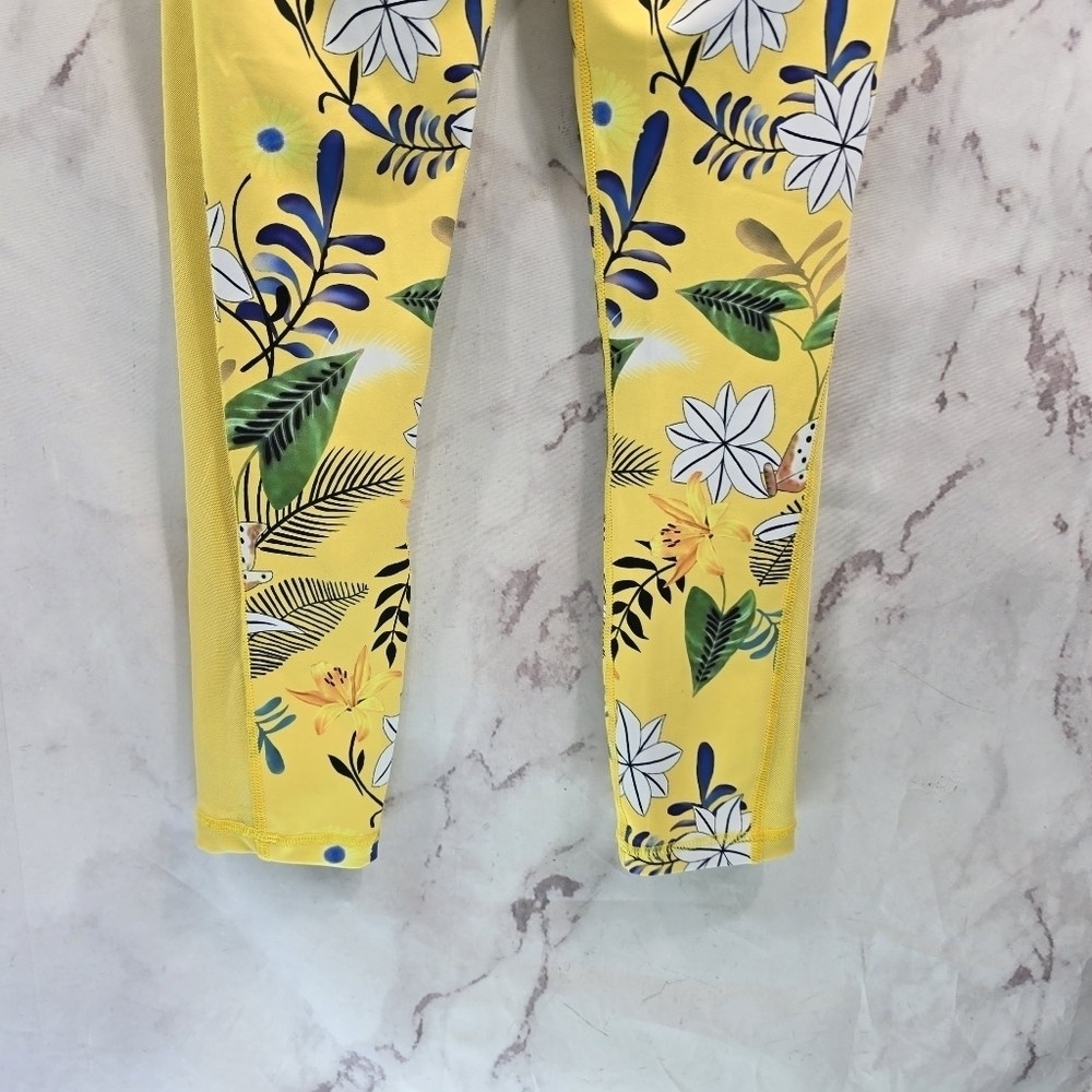 Zyia Leggings Women 6 8 Yellow Crop Floral High Rise Mesh Reflective Light N - Picture 9 of 13